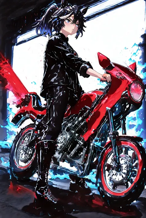 katsuragi ace (umamusume), zoku_motorcycle, Katsuragi Ace standing confidently with arms crossed in front of her zoku motorcycle, wearing a fierce delinquent-style racing outfit with a leather jacket, bold patterns, and boots, radiating a fearless and comm...