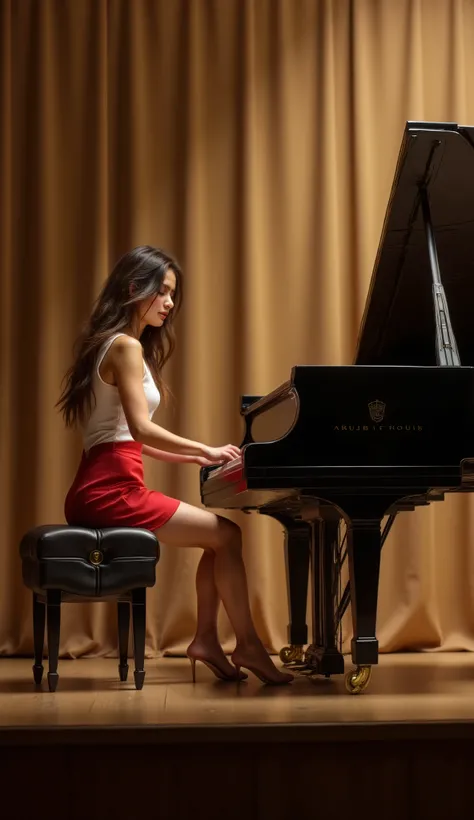 a beautiful girl in red mini skirt is playing piano on stage