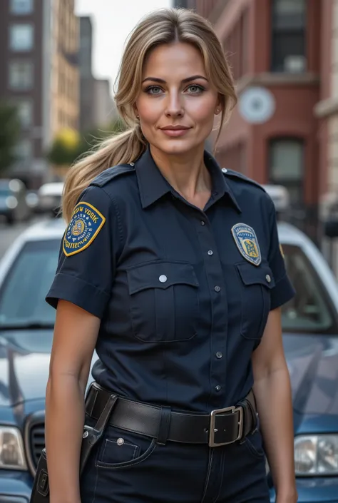 (Illustration of a New York Police Department officer), Female officer in navy blue uniform, mini fold, standing in front of a police car (full body description: 3), High Quality, Very detailed, masterpiece,   absurd, (facial detail, Detail of the eye, Hai...