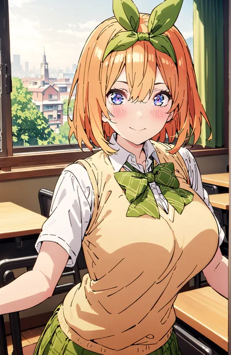 score_9, score_8_up, score_7_up, 中野四葉, bungs, short hair, blue eyes, hair between eyes, hair ribbon, headband, orange hair, (green ribbon:1.5), smile,blush,grinning,Big Breasts,
in their 40s skirt, shirt, bow, ribbon, uniform, white shirt, short sleeve, gr...