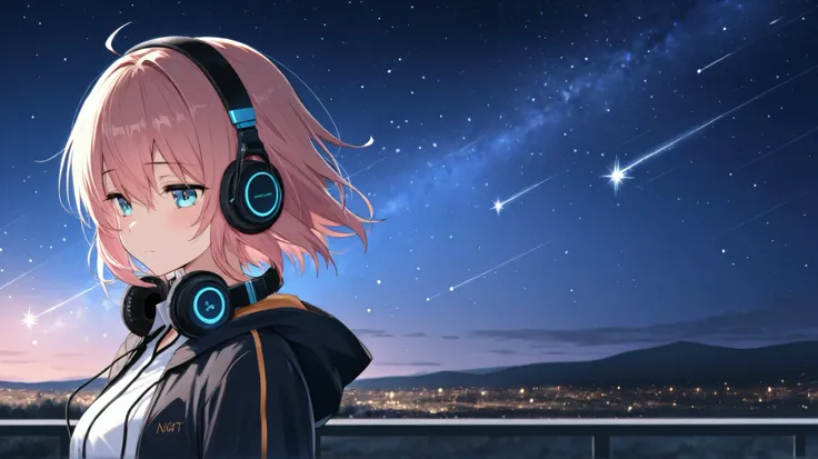 masterpiece。best quality。Extremely precise。Night sky with floating stars in the background、headphones against a night sky with the highest floating stars。sad expression。