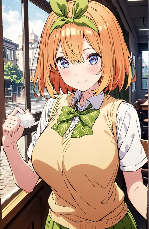 score_9, score_8_up, score_7_up, 中野四葉, bungs, short hair, blue eyes, hair between eyes, hair ribbon, headband, orange hair, (green ribbon:1.5), smile,blush,grinning,Big Breasts,
in their 40s skirt, shirt, bow, ribbon, uniform, white shirt, short sleeve, gr...