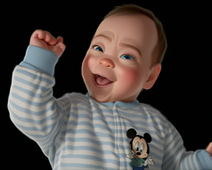 A magical Pixar-style 3D animated portrait of an adorable baby boy beaming with joy as he lifts one hand in a playful gesture. His sparkling blue eyes glisten with pure happiness, and his open-mouthed smile radiates innocent delight. His baby-soft skin is ...