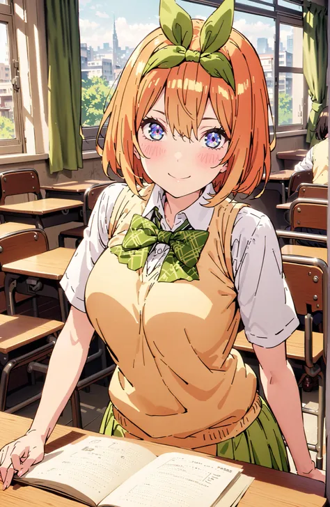 score_9, score_8_up, score_7_up, 中野四葉, bungs, short hair, blue eyes, hair between eyes, hair ribbon, headband, orange hair, (green ribbon:1.5), smile,blush,grinning,Big Breasts,
in their 40s skirt, shirt, bow, ribbon, uniform, white shirt, short sleeve, gr...