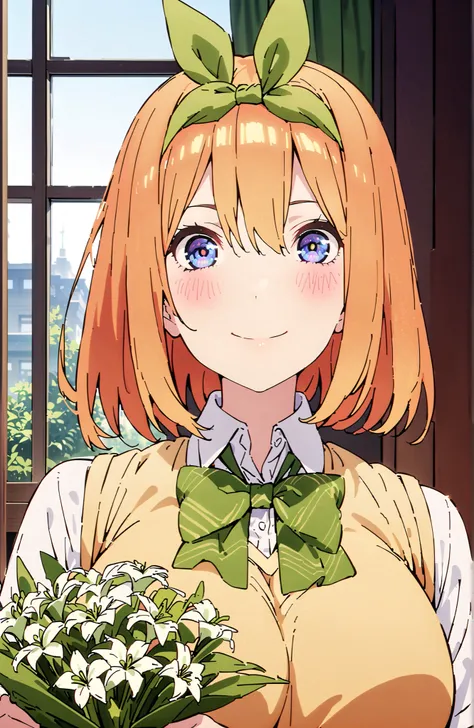 score_9, score_8_up, score_7_up, 中野四葉, bungs, short hair, blue eyes, hair between eyes, hair ribbon, headband, orange hair, (green ribbon:1.5), smile,blush,grinning,Big Breasts,
in their 40s skirt, shirt, bow, ribbon, uniform, white shirt, short sleeve, gr...
