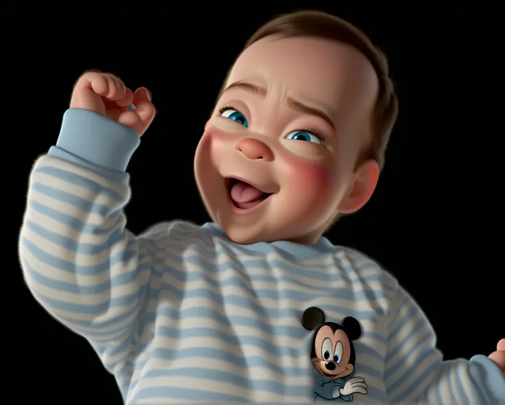 A magical Pixar-style 3D animated portrait of an adorable baby boy beaming with joy as he lifts one hand in a playful gesture. His sparkling blue eyes glisten with pure happiness, and his open-mouthed smile radiates innocent delight. His baby-soft skin is ...
