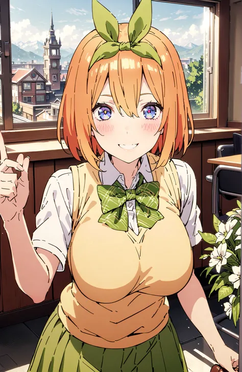 score_9, score_8_up, score_7_up, 中野四葉, bungs, short hair, blue eyes, hair between eyes, hair ribbon, headband, orange hair, (green ribbon:1.5), smile,blush,grinning,Big Breasts,
in their 40s skirt, shirt, bow, ribbon, uniform, white shirt, short sleeve, gr...