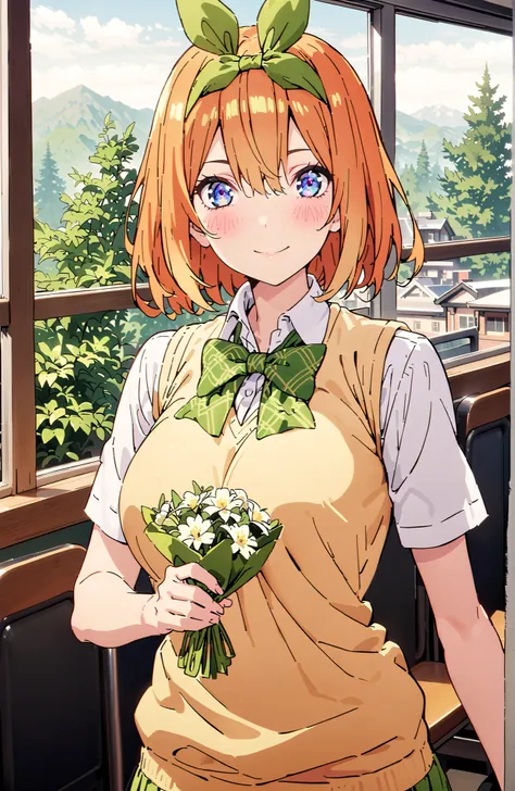 score_9, score_8_up, score_7_up, 中野四葉, bungs, short hair, blue eyes, hair between eyes, hair ribbon, headband, orange hair, (green ribbon:1.5), smile,blush,grinning,Big Breasts,
in their 40s skirt, shirt, bow, ribbon, uniform, white shirt, short sleeve, gr...