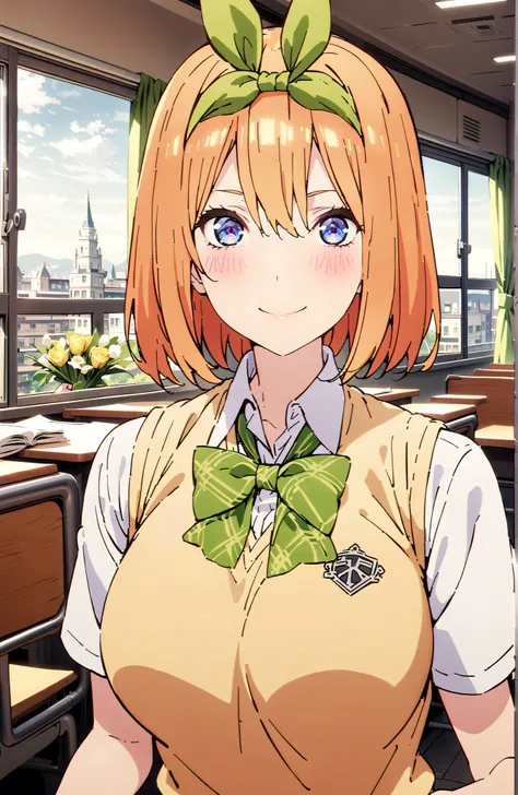 score_9, score_8_up, score_7_up, 中野四葉, bungs, short hair, blue eyes, hair between eyes, hair ribbon, headband, orange hair, (green ribbon:1.5), smile,blush,grinning,Big Breasts,
in their 40s skirt, shirt, bow, ribbon, uniform, white shirt, short sleeve, gr...
