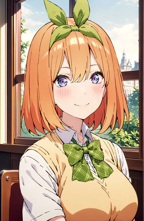score_9, score_8_up, score_7_up, 中野四葉, solo,bungs, short hair, blue eyes, hair between eyes, hair ribbon, headband, orange hair, (green ribbon:1.5), smile,blush,grinning,Big Breasts,
in their 40s skirt, shirt, bow, ribbon, uniform, white shirt, short sleev...