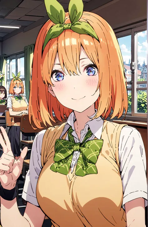 score_9, score_8_up, score_7_up, 中野四葉, bungs, short hair, blue eyes, hair between eyes, hair ribbon, headband, orange hair, (green ribbon:1.5), smile,blush,grinning,Big Breasts,
in their 40s skirt, shirt, bow, ribbon, uniform, white shirt, short sleeve, gr...