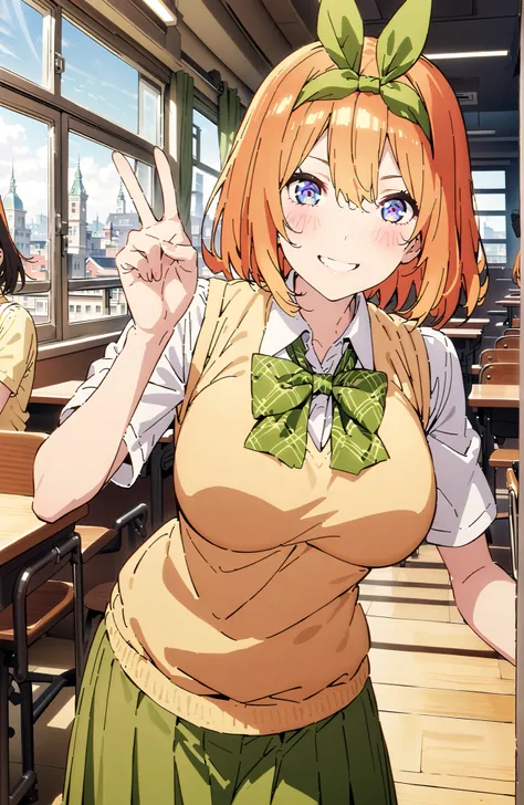 score_9, score_8_up, score_7_up, 中野四葉, bungs, short hair, blue eyes, hair between eyes, hair ribbon, headband, orange hair, (green ribbon:1.5), smile,blush,grinning,Big Breasts,
in their 40s skirt, shirt, bow, ribbon, uniform, white shirt, short sleeve, gr...