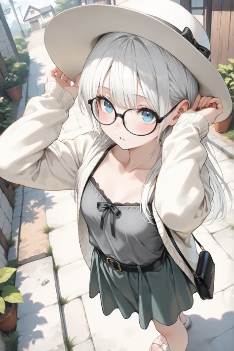 ((Masterpiece)),((best quality)),((incredibly absurdres)),((8K)),
1 girl,solo,younger,18 years old,kawaii,white hair,long hair,straight hair,blue eyes,small breasts,baby face,big eyes,collarbone,slender fingers,BREAK,
((black eyewear)),(square grasses),(gr...