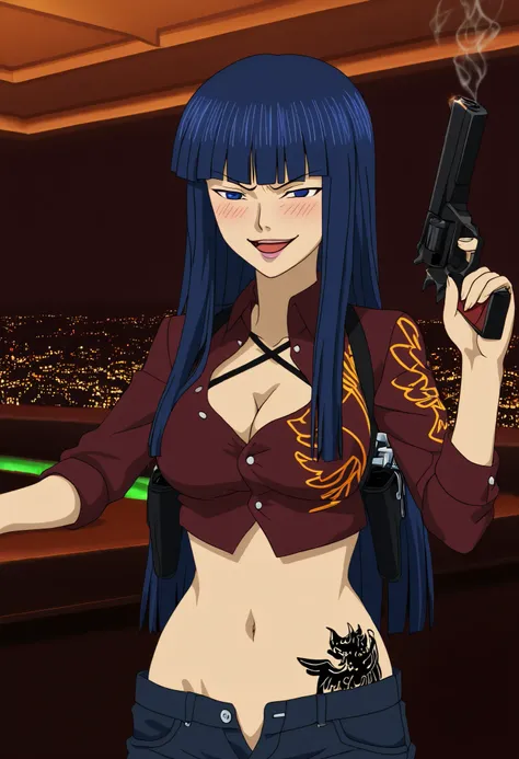 anime coloring, 1girl, uzumaki kushina, long hair, dark blue hair, hime cut, blue eyes,  , open mouth, blush, lucifer \(umineko\), straight hair,  (((umineko no naku koro ni cosplay))),, ear piercing, long hair, blush, lipstick,Hot girl, baddie, smoking, s...