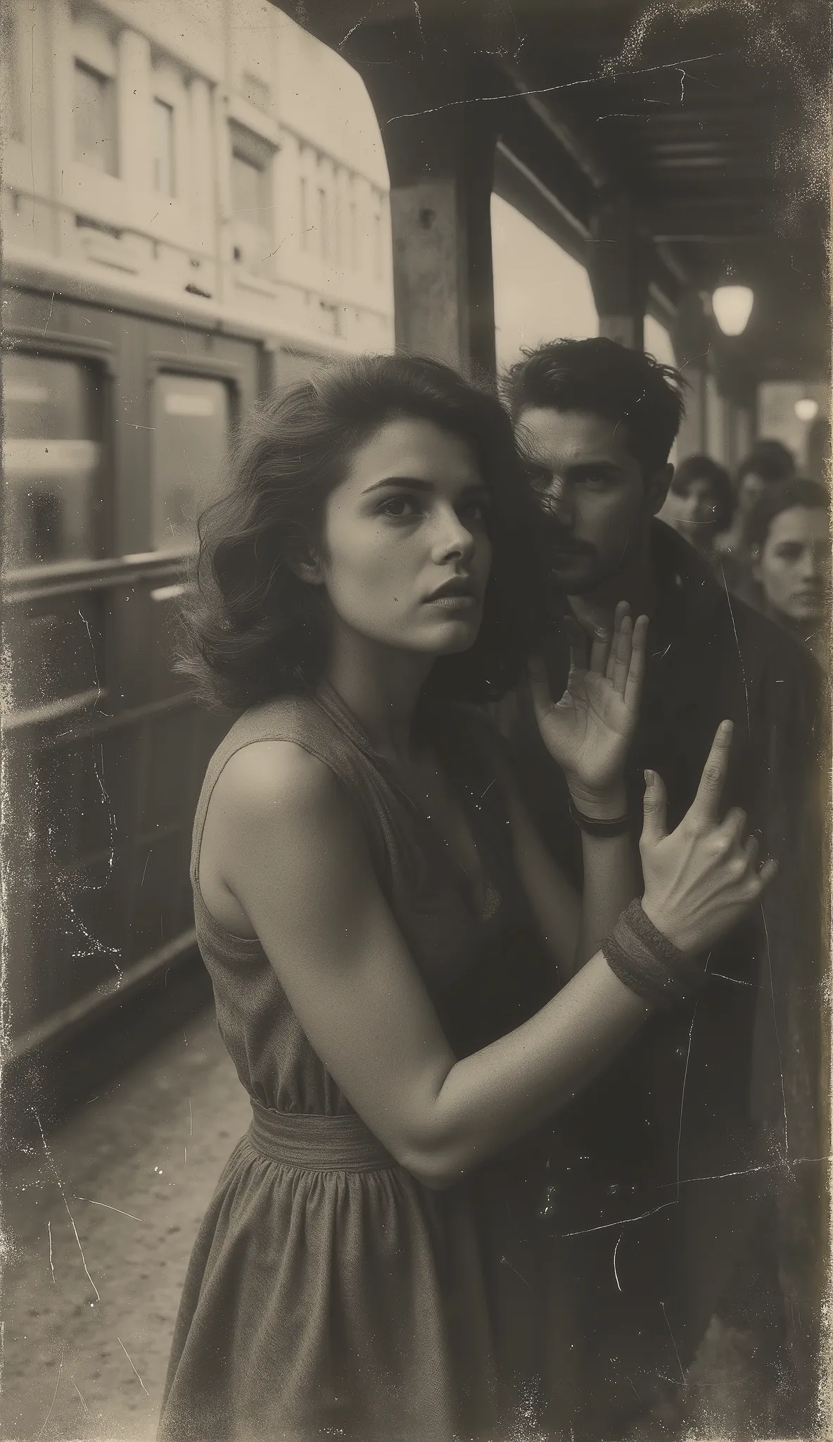 The woman awakens, stunned , between whispers and the distant sound of a train. tries to move , but his wrists are tied with a thick rope. The man is no longer. Only the hanging lamp sways softly. The dust dances in the air. Era: 1933. discolored old pho...