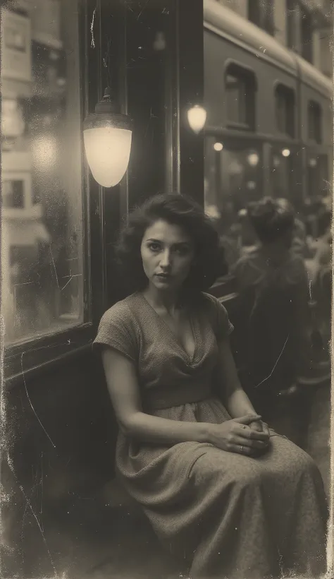 The woman awakens, stunned , between whispers and the distant sound of a train. tries to move , but his wrists are tied with a thick rope. The man is no longer. Only the hanging lamp sways softly. The dust dances in the air. Era: 1933. discolored old pho...