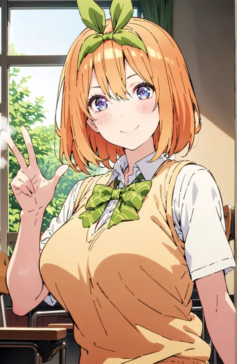 score_9, score_8_up, score_7_up, 中野四葉, solo,bungs, short hair, blue eyes, hair between eyes, hair ribbon, headband, orange hair, (green ribbon:1.5), smile,blush,grinning,Big Breasts,
in their 40s skirt, shirt, bow, ribbon, uniform, white shirt, short sleev...