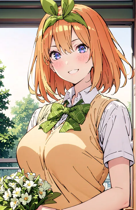 score_9, score_8_up, score_7_up, 中野四葉, solo,bungs, short hair, blue eyes, hair between eyes, hair ribbon, headband, orange hair, (green ribbon:1.5), smile,blush,grinning,Big Breasts,
in their 40s skirt, shirt, bow, ribbon, uniform, white shirt, short sleev...