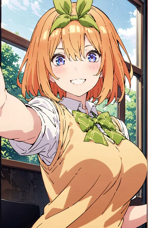 score_9, score_8_up, score_7_up, 中野四葉, solo,bungs, short hair, blue eyes, hair between eyes, hair ribbon, headband, orange hair, (green ribbon:1.5), smile,blush,grinning,Big Breasts,
in their 40s skirt, shirt, bow, ribbon, uniform, white shirt, short sleev...