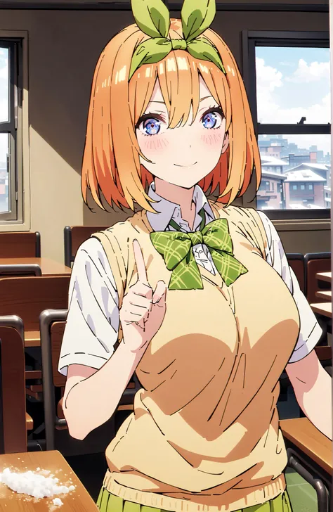 score_9, score_8_up, score_7_up, 中野四葉, solo,bungs, short hair, blue eyes, hair between eyes, hair ribbon, headband, orange hair, (green ribbon:1.5), smile,blush,grinning,Big Breasts,
in their 40s skirt, shirt, bow, ribbon, uniform, white shirt, short sleev...