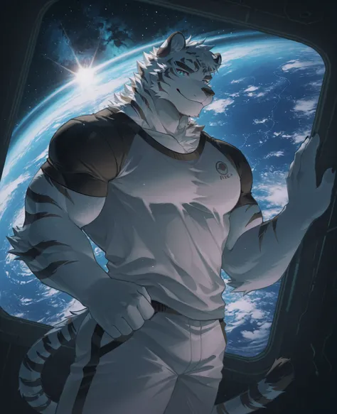 sfw,masterpiece,UHD,solo,highres,best quality,anatomically correct,furry male,(white tiger),collarbone,(white fur:1.5,black figure),short white hair,black eyebrow,snout,(detailed eyes,blue eyes,detailed pupils,beautiful eyes),snout,animal ears,tiger ears,a...