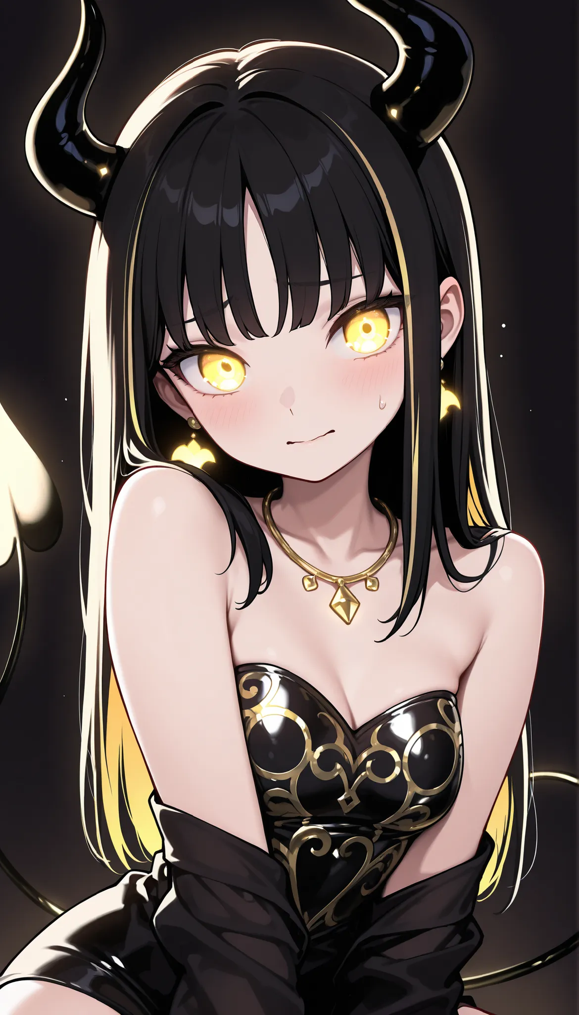 masterpiece, Highest Quality, high resolution, cartoon-style glamorous, 1 girl, solo, nervous, , black horns, black hair, highlights, gold highlights, gold necklace, earrings, jewelry, dull bangs, straight hair , long hair, deep, is sitting, upper body, ...
