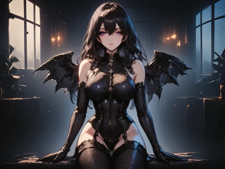 A stunning anime woman with long black hair and black demon wings, wearing a detailed black leather corset and lace stockings, sitting in a gothic setting with striking lighting, ultra-HD 8K resolution, photorealistic rendering, soft bokeh effect, and high...