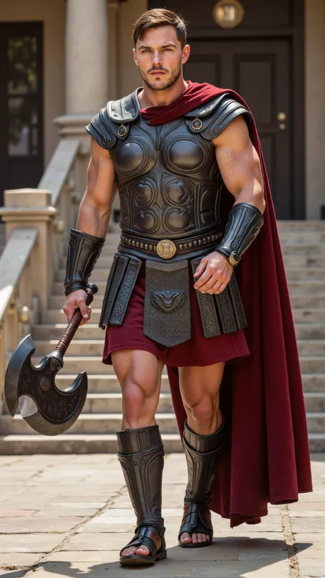 Nicholas Hoult reimagined as Gladiator walking and holding a ceremonial Roman axe, 1 male, short cropped brown hair, pale skin, tall and statuesque, wearing elegant gladiator armor with dark silver chestplate, eagle-motif cape, crimson skirt, and decorativ...