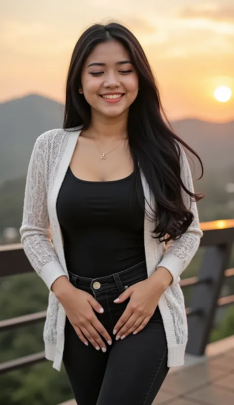A beautiful indonesian female with long tangled hairstyle, 25 years old. indonesian face, highly detailed beautiful face and eyes, attractive face, charming face, Full body, chubby body, white skin, medium breasts, cleavage, anatomically correct, black hai...