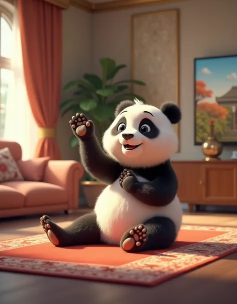 Animation, 8K quality. Funny scene. Panda doing stretching exercises while watching TV. In a luxurious living room. Effective lighting.