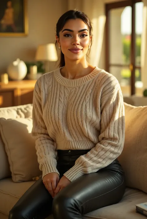 woman wearing a cable knit sweater and leather pants, sitting in her fully stocked spanish villa, sunshine, godrays
