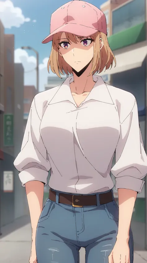 score_9, score_8_up, score_7_up,
Chahein SL,
1 girl, solo, closed mouth,
 Gold,  medium hair on a plate, purple eyes in gla,
Chahaein casual that is in, collared shirt, white shirts, clavicle, baseball cap, pink headdress, jeans, shirt is tucked in, brown ...