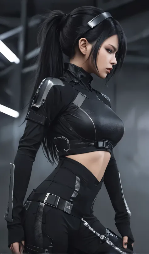 Woman in black with mask and all black cyberpunk clothes, wearing tech outfit and armor, photo of a woman in tech gear, dark sci-fi outfit, cyberpunk outfit, female assassin, futuristic tech costume, cyberpunk fashion clothes, jet black hair cyberpunk girl...
