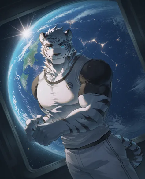 sfw,masterpiece,UHD,solo,highres,best quality,anatomically correct,furry male,(white tiger),collarbone,(white fur:1.5,black figure),short white hair,black eyebrow,snout,(detailed eyes,blue eyes,detailed pupils,beautiful eyes),snout,animal ears,tiger ears,a...