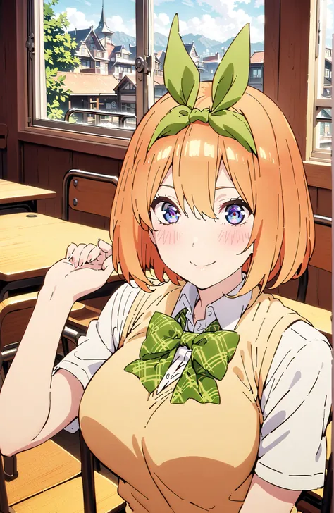 score_9, score_8_up, score_7_up, 中野四葉, solo,bungs, short hair, blue eyes, hair between eyes, hair ribbon, headband, orange hair, (green ribbon:1.5), smile,blush,grinning,Big Breasts,
in their 40s skirt, shirt, bow, ribbon, uniform, white shirt, short sleev...