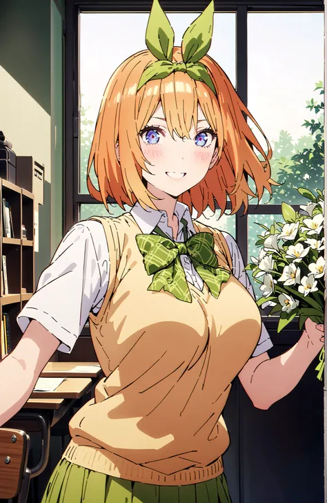 score_9, score_8_up, score_7_up, 中野四葉, solo,bungs, short hair, blue eyes, hair between eyes, hair ribbon, headband, orange hair, (green ribbon:1.5), smile,blush,grinning,Big Breasts,
in their 40s skirt, shirt, bow, ribbon, uniform, white shirt, short sleev...