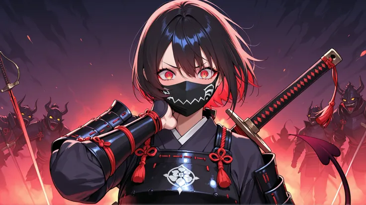 crazy atmosphere、One Japanese woman feeling excited、short hair、Armor、traditional Japanese armor face mask covering the mouth and cheeks with a devil's mouth design、The way a sword is ready、Vivid Colors、masterpiece、Highest Quality、8k