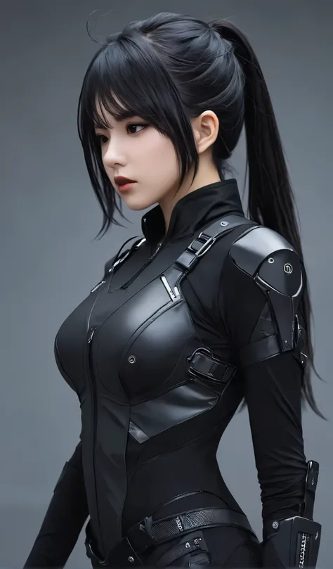 Woman in black with mask and all black cyberpunk clothes, wearing tech outfit and armor, photo of a woman in tech gear, dark sci-fi outfit, cyberpunk outfit, female assassin, futuristic tech costume, cyberpunk fashion clothes, jet black hair cyberpunk girl...