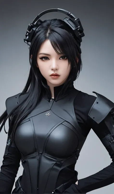 Woman in black with mask and all black cyberpunk clothes, wearing tech outfit and armor, photo of a woman in tech gear, dark sci-fi outfit, cyberpunk outfit, female assassin, futuristic tech costume, cyberpunk fashion clothes, jet black hair cyberpunk girl...
