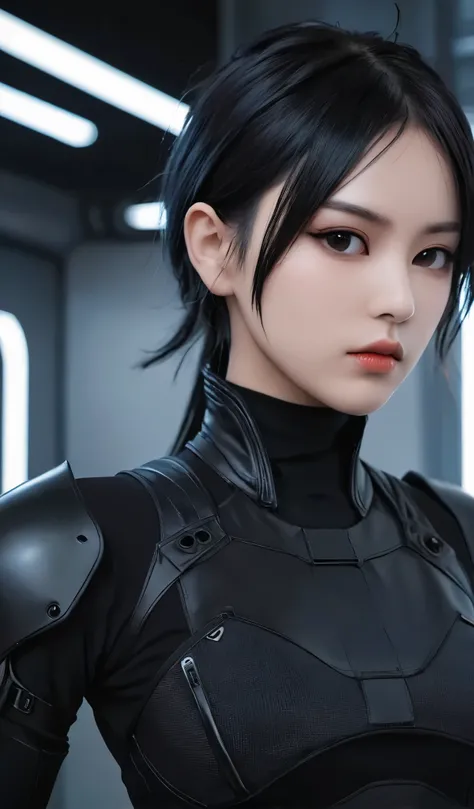 Woman in black with mask and all black cyberpunk clothes, wearing tech outfit and armor, photo of a woman in tech gear, dark sci-fi outfit, cyberpunk outfit, female assassin, futuristic tech costume, cyberpunk fashion clothes, jet black hair cyberpunk girl...
