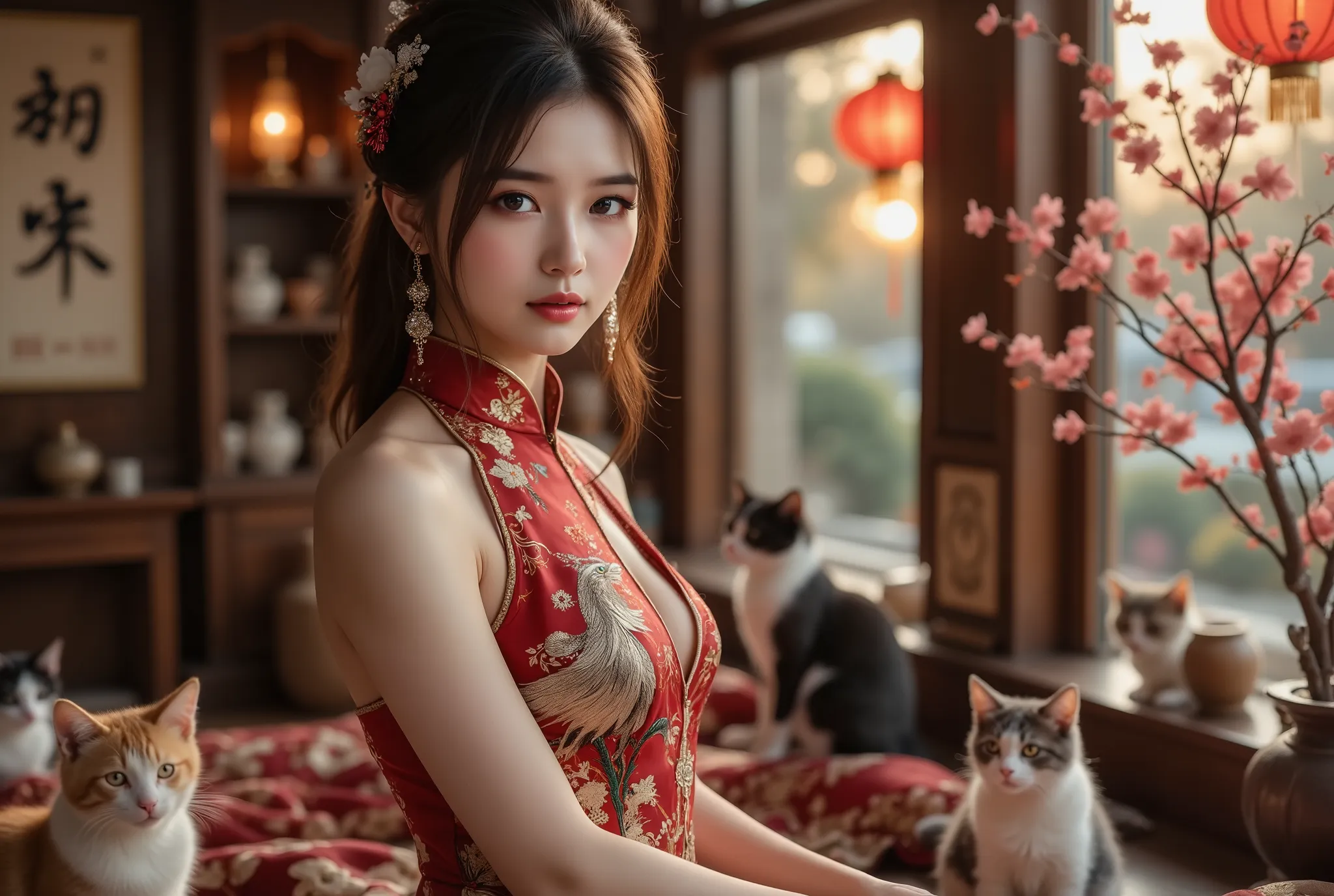 Cat ears、 face up, attractive, pretty girl, ponytail、 (( fine facial features , eroticism)), dramatic lighting , realistic , 8k, Dramatic Shadows , intricate and elaborate patterns , Chinese paper fans with pink feathers at outline, super detailed photo , ...