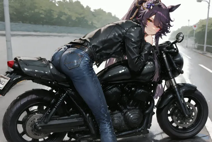 masterpiece、Narita Brian(Uma Musume)、yabuki、High Quality、8K、1 girl, Scout Bobber, Leather jacket, denim pants, ride motorcycle