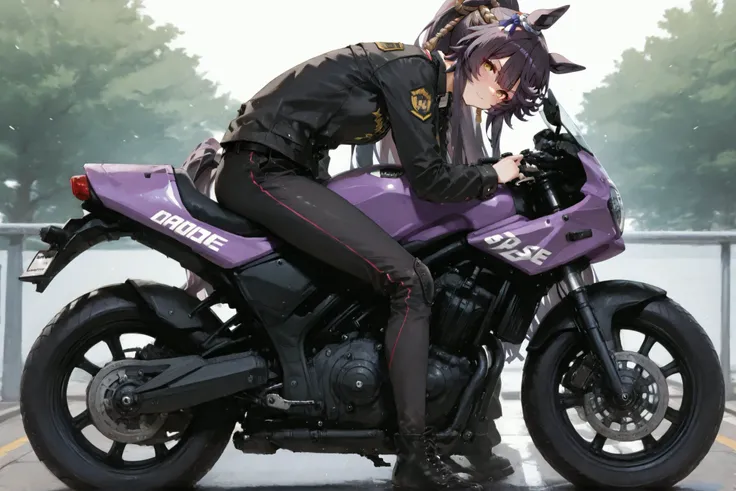 masterpiece、Narita Brian(Uma Musume)、yabuki、High Quality、8K、1 girl, Scout Bobber, lthr1 jacket、ride motorcycle