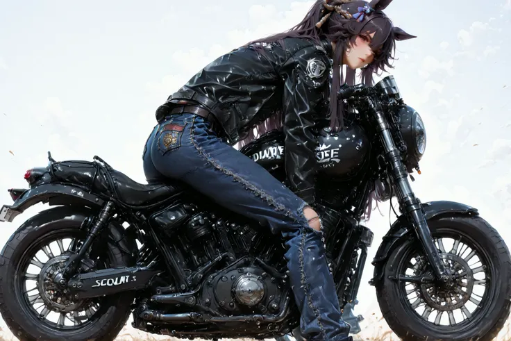masterpiece、Narita Brian(Uma Musume)、yabuki、High Quality、8K、1 girl, Scout Bobber, Leather jacket, denim pants, ride motorcycle