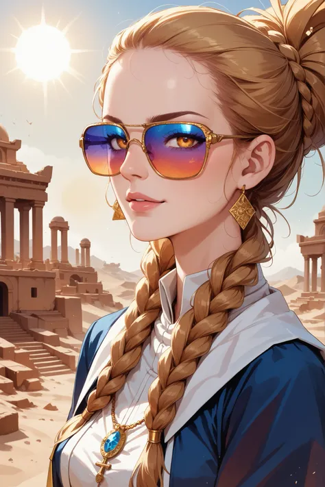 A portrait of a desert-born warrior priestess, her amber eyes glowing with divine fire. Her skin is sun-bronzed and her long white-blonde hair is tied into intricate braids woven with gold threads and sacred charms. She wears ornate armor made of polished ...