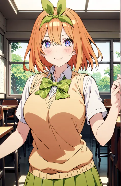 score_9, score_8_up, score_7_up, 中野四葉, solo,bungs, short hair, blue eyes, hair between eyes, hair ribbon, headband, orange hair, (green ribbon:1.5), smile,blush,grinning,Big Breasts,
in their 40s skirt, shirt, bow, ribbon, uniform, white shirt, short sleev...