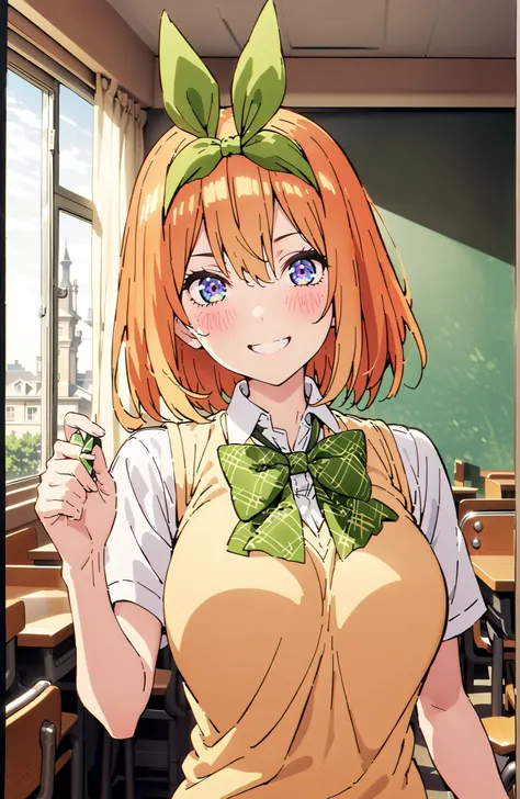 score_9, score_8_up, score_7_up, 中野四葉, solo,bungs, short hair, blue eyes, hair between eyes, hair ribbon, headband, orange hair, (green ribbon:1.5), smile,blush,grinning,Big Breasts,
in their 40s skirt, shirt, bow, ribbon, uniform, white shirt, short sleev...