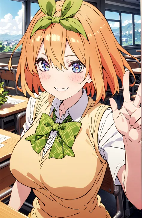 score_9, score_8_up, score_7_up, 中野四葉, solo,bungs, short hair, blue eyes, hair between eyes, hair ribbon, headband, orange hair, (green ribbon:1.5), smile,blush,grinning,Big Breasts,
in their 40s skirt, shirt, bow, ribbon, uniform, white shirt, short sleev...