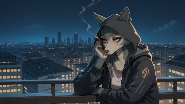 Balcony, Night,  city, Anthropomorphic wolf girl, smokes a cigarette, sad look, hooded jacket, correct anatomy,