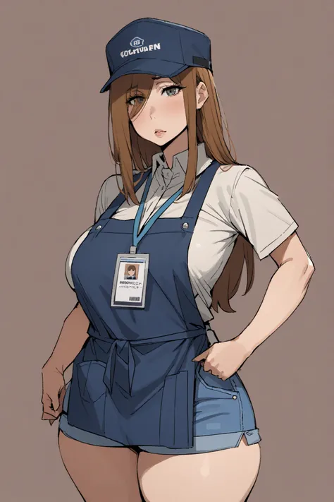 1 cashier girl, loose brown hair, long bangs, voluptuous, white shirt, cap, blue apron, denim shorts, id card, simple background